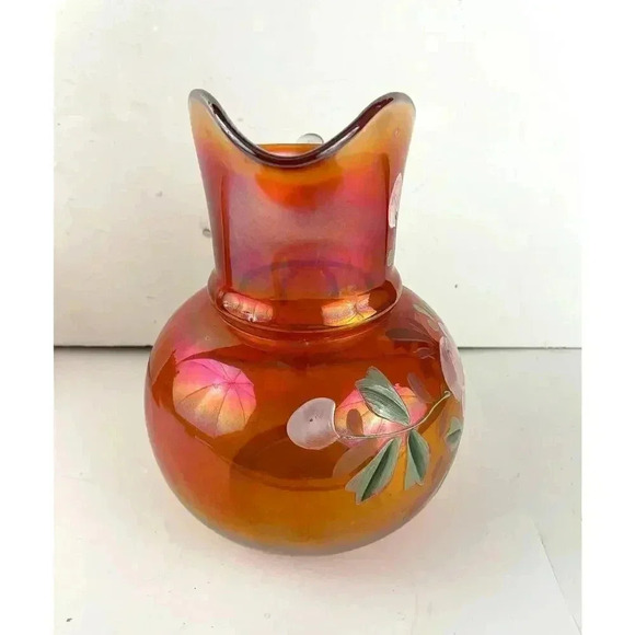 VTG Carnival Glass Orange Iridescent Pitcher Glass Blown Hand Painted 10" Floral - Picture 14 of 16
